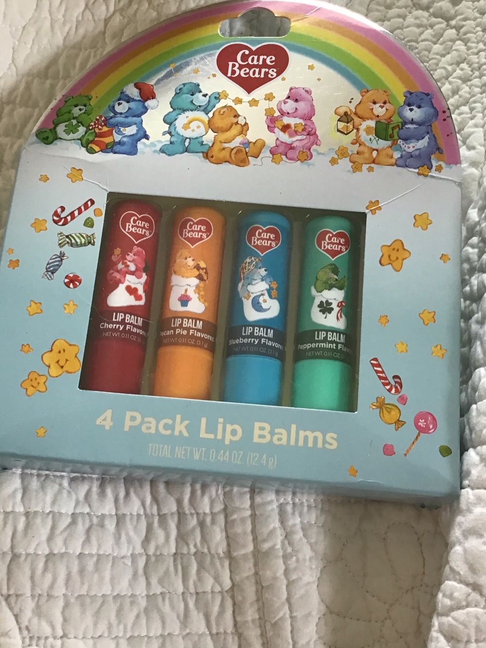 New Care Bears 4-Pack Lip Balms Cherry, Pecan Pie, Blueberry Peppermint